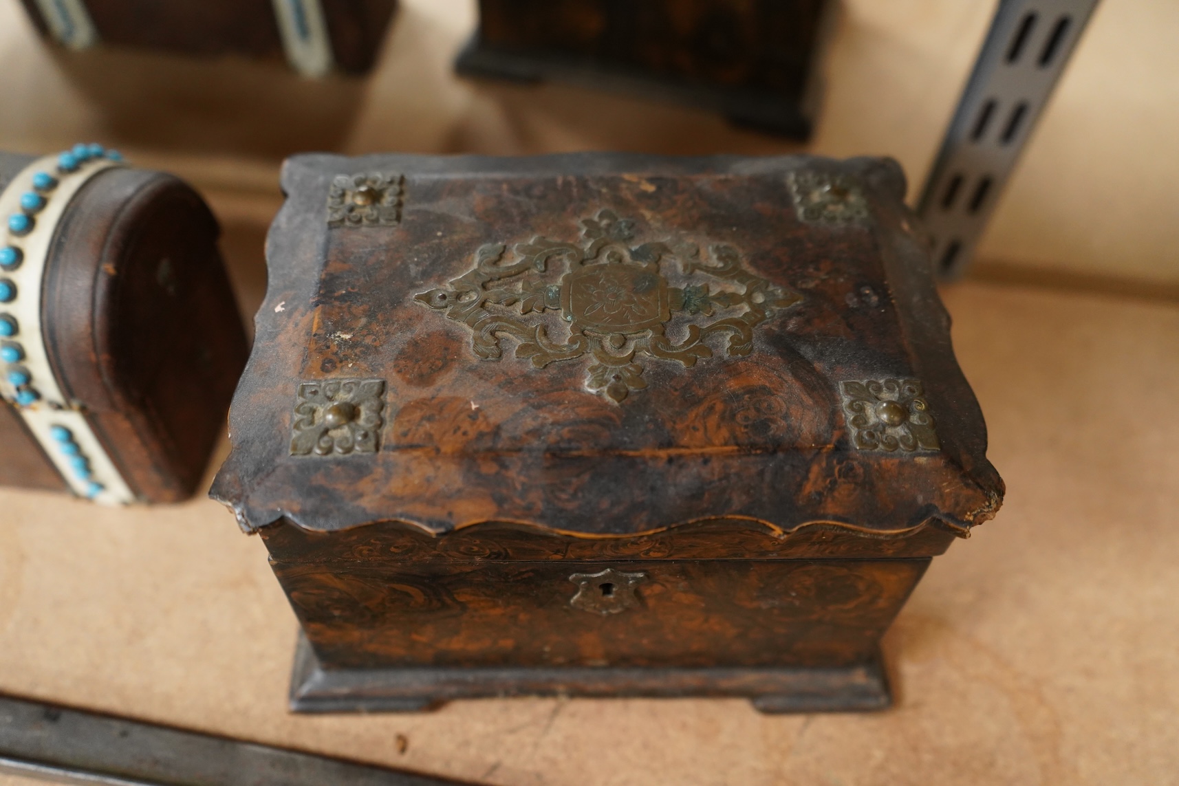 A 19th century brass mounted bayonet together with a tea caddy and a domed casket (a.f)